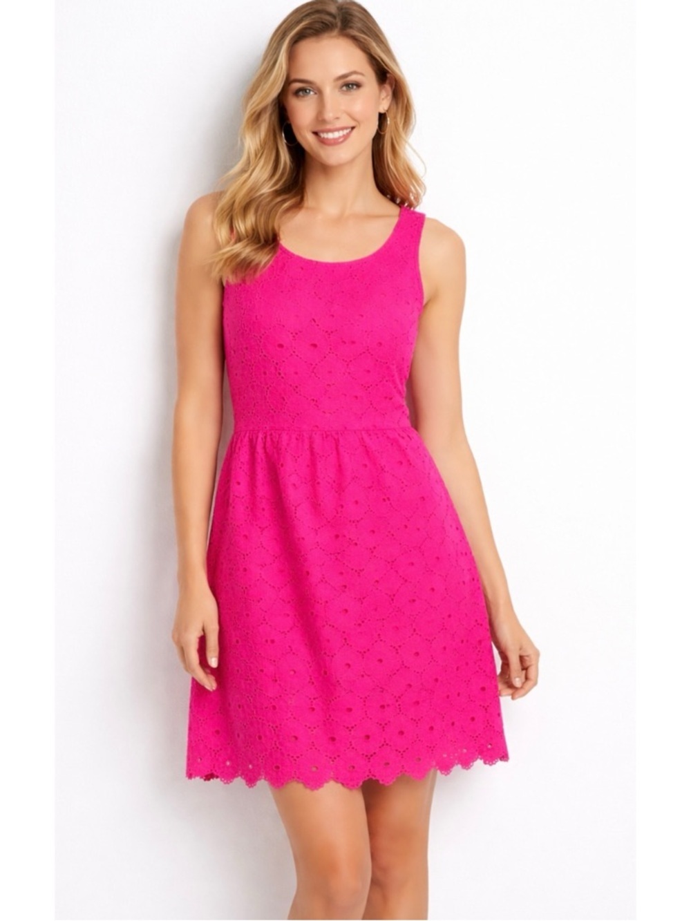 GARNET HILL | Sleeveless Hot Pink over Orange Lining Eyelet A-Line Dress Sz. 6